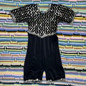 70s/80s Black Silver Sequin Disco Rave Shortsleeve Jumpsuit Romper